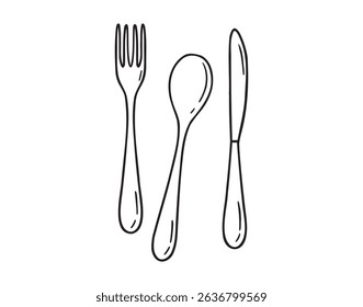 spoon, fork and knife icon doodle hand drawn. Outline drawing spoon, fork and knife line clipart symbol. Vector illustration