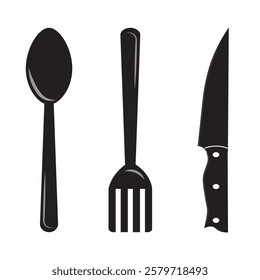 spoon and fork and knife icon isolated on white background. Cutlery icon in black color. Cutlery silhouette vector restaurant Icon. Vector illustration.
