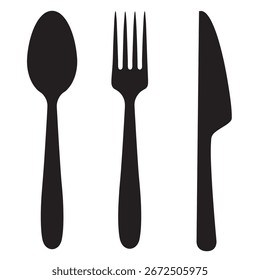 Spoon, fork and knife icon isolated on white background.