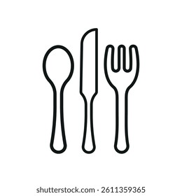 Spoon, fork, and knife icon reflects complete dining tools, restaurant service, and culinary essentials.