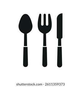 Spoon, fork, and knife icon reflects complete dining tools, restaurant service, and culinary essentials.