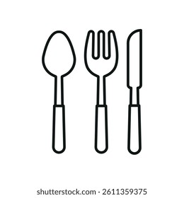 Spoon, fork, and knife icon reflects complete dining tools, restaurant service, and culinary essentials.