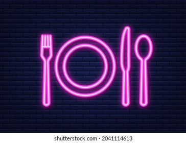 Spoon fork knife icon, restaurant symbol. Neon icon. Vector illustration.