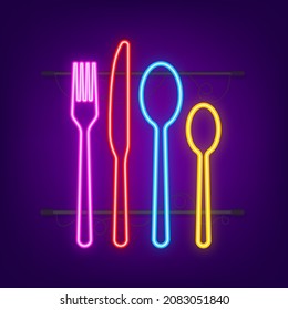 Icono de cuchillo de horquilla de cuchara, símbolo del restaurante. Icono de Neon. Ilustración del vector
