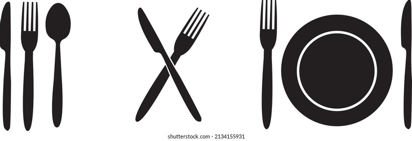 Spoon, fork and knife icon set. Vector illustration in flat style.