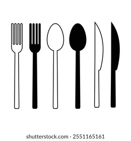 Spoon, fork and knife icon set. Cutlery items spoon, fork, knife silhouette vector illustration. Restaurant eating tools icon.