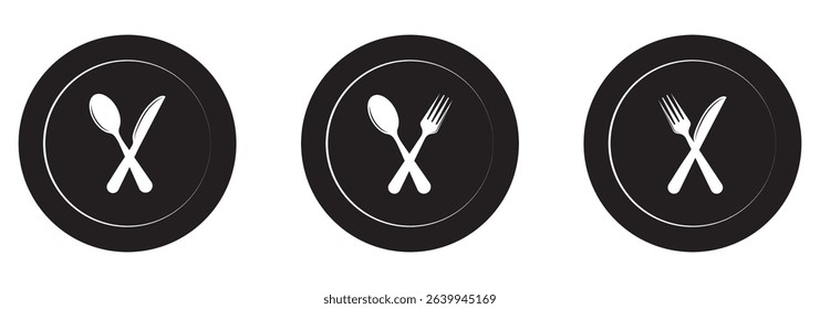 Spoon, fork and knife icon set. Vector illustration in flat style.