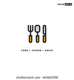 Spoon Fork Knife Icons (Line Art Vector Illustration in Flat Style Design)