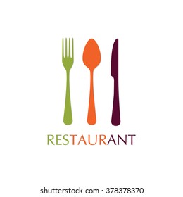 Spoon, fork and knife icons. Restaurant emblem template. Colorful vector illustration in flat style.