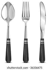 Spoon, fork and knife isolated on white background, vector illustration
