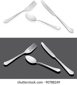 Spoon, fork and knife isolated on the white and dark grey. Vector