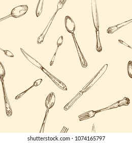 Spoon, Fork and Knife kitchen stuff silverware vintage hand drawn Ink doodle sketch seamless pattern