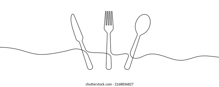 Spoon, fork and knife linear icon. Hand drawn background. One continuous line drawing background. Vector illustration.