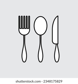 Spoon, fork and knife linear icon or sign. Cutlery symbol. Flat design style. Vector illustration.