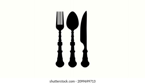 Logo de Spoon, fork y cuchillo con texto en espacio de copia. Vector de estilo plano, diseño de elementos, icono, aislado para cada Cafe, Cafetería, Diseño de Restaurante