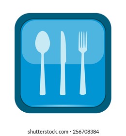 Spoon, fork and knife on a blue button