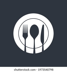 Spoon, fork and knife on the plate. Cutlery isolated sign on black background. Restaurant menu symbol. Vector illustration