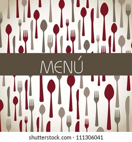 spoon, fork and knife over brown background, menu. vector