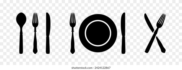 Colección de iconos negros Spoon, fork, cuchillo y placa. Juego de iconos de cocina negra