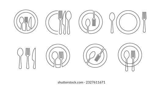 Cuchara, tenedor, cuchillo y plato. Logo de Cook, logo del restaurante. Utensilios de cocina