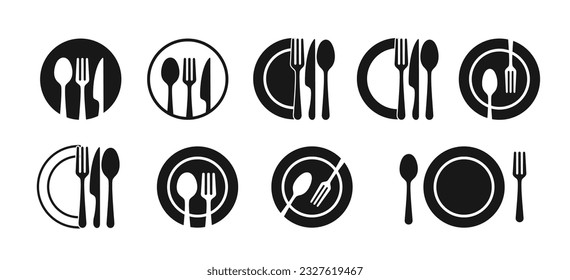 Cuchara, tenedor, cuchillo y plato. Logo de Cook, logo del restaurante. Utensilios de cocina