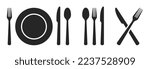 Spoon, fork, knife and plate icon set isolated on a white background. Cutlery, tableware, dinner service symbol collection. Vector illustration for logotype, web, or app