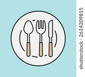 Spoon, fork, knife, and plate icon shows complete tableware set for meals, dining, and food service.