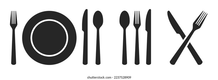 Löffel, Gabel, Messer und Teller Symbol einzeln auf weißem Hintergrund. Geschirr, Geschirr, Dinner Service Symbol Sammlung. Vektorgrafik für Logotype, Web oder App