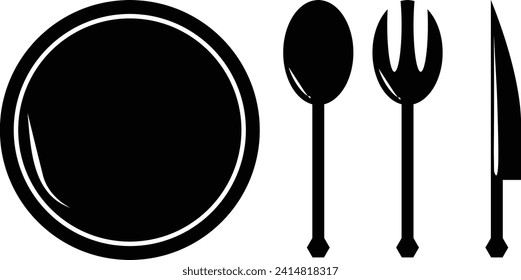 spoon, Fork, knife, and plate icon set, Hand holding food tray , , Silhouette of cutlery. Vector illustration