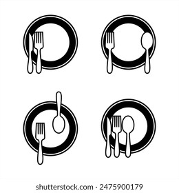 Spoon, fork, knife and plate icon set model. Editable menu logo of cutlery. Tableware vector illustration with white background