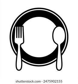 Spoon, fork, knife and plate icon model. Editable menu logo of cutlery. Tableware vector illustration with white background