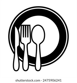 Spoon, fork, knife and plate icon model. Editable menu logo of cutlery. Tableware vector illustration with white background