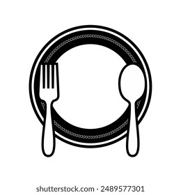 Spoon, fork, knife and plate icon model. Editable menu logo of cutlery. Tableware vector illustration with white background