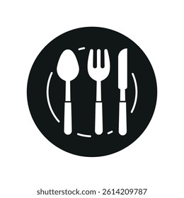 Spoon, fork, knife, and plate icon shows complete tableware set for meals, dining, and food service.