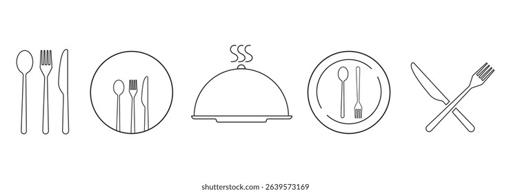 Spoon fork, knife, and plate icon. Cutlery icon set in line and flat style. Dinnerware icon symbol in the circle. Restaurant and Catering icon set sign and symbol. Vector illustration. Eat symbol use.