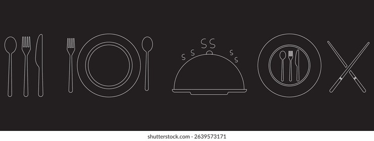 Spoon fork, knife, and plate icon. Cutlery icon set in line and flat style. Dinnerware icon symbol in the circle. Restaurant and Catering icon set sign and symbol. Vector illustration. Eat symbol use.