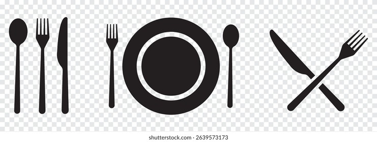 Spoon fork, knife, and plate icon. Cutlery icon set in line and flat style. Dinnerware icon symbol in the circle. Restaurant and Catering icon set sign and symbol. Vector illustration. Eat symbol use.