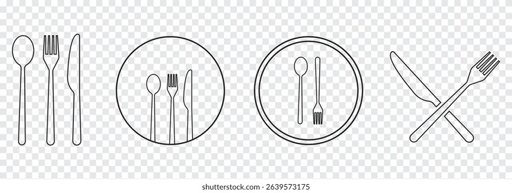 Spoon fork, knife, and plate icon. Cutlery icon set in line and flat style. Dinnerware icon symbol in the circle. Restaurant and Catering icon set sign and symbol. Vector illustration. Eat symbol use.