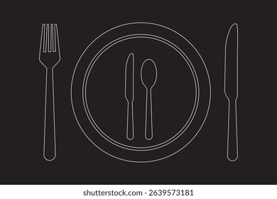 Spoon fork, knife, and plate icon. Cutlery icon set in line and flat style. Dinnerware icon symbol in the circle. Restaurant and Catering icon set sign and symbol. Vector illustration. Eat symbol use.