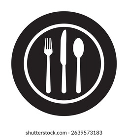 Spoon fork, knife, and plate icon. Cutlery icon set in line and flat style. Dinnerware icon symbol in the circle. Restaurant and Catering icon set sign and symbol. Vector illustration. Eat symbol use.