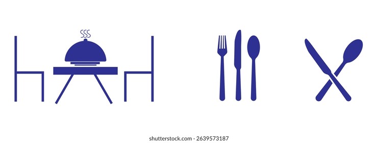 Spoon fork, knife, and plate icon. Cutlery icon set in line and flat style. Dinnerware icon symbol in the circle. Restaurant and Catering icon set sign and symbol. Vector illustration. Eat symbol use.