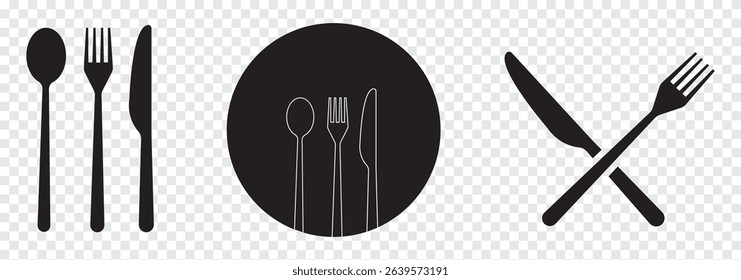 Spoon fork, knife, and plate icon. Cutlery icon set in line and flat style. Dinnerware icon symbol in the circle. Restaurant and Catering icon set sign and symbol. Vector illustration. Eat symbol use.