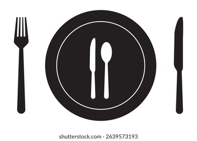 Spoon fork, knife, and plate icon. Cutlery icon set in line and flat style. Dinnerware icon symbol in the circle. Restaurant and Catering icon set sign and symbol. Vector illustration. Eat symbol use.
