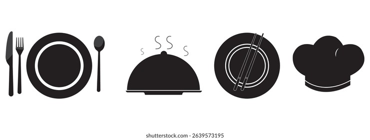 Spoon fork, knife, and plate icon. Cutlery icon set in line and flat style. Dinnerware icon symbol in the circle. Restaurant and Catering icon set sign and symbol. Vector illustration. Eat symbol use.