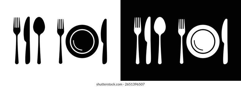 Spoon, Fork, Knife and Plate Icon Collection – Tableware Symbols for Cafes, Food Services and Restaurant Branding. vector.
