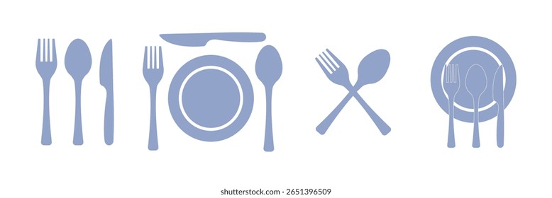 Spoon, Fork, Knife and Plate Icon Collection – Tableware Symbols for Cafes, Food Services and Restaurant Branding. vector.
