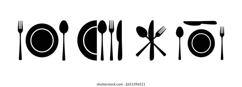 Spoon, Fork, Knife and Plate Icon Collection – Tableware Symbols for Cafes, Food Services and Restaurant Branding. vector.
