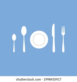 Spoon, fork, knife and plate icons set, menu logo, cutlery silhouette. Vector illustration.