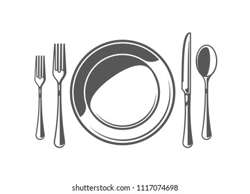 Spoon, fork, knife and plate isolated on white background. Symbol for cooking design logo and emblem. Vector illustration