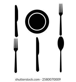 Spoon, Fork, Knife and Plate set icons vector